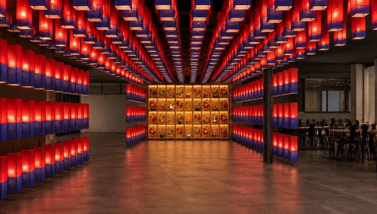 Instalación lumínica roja y azul para Corea